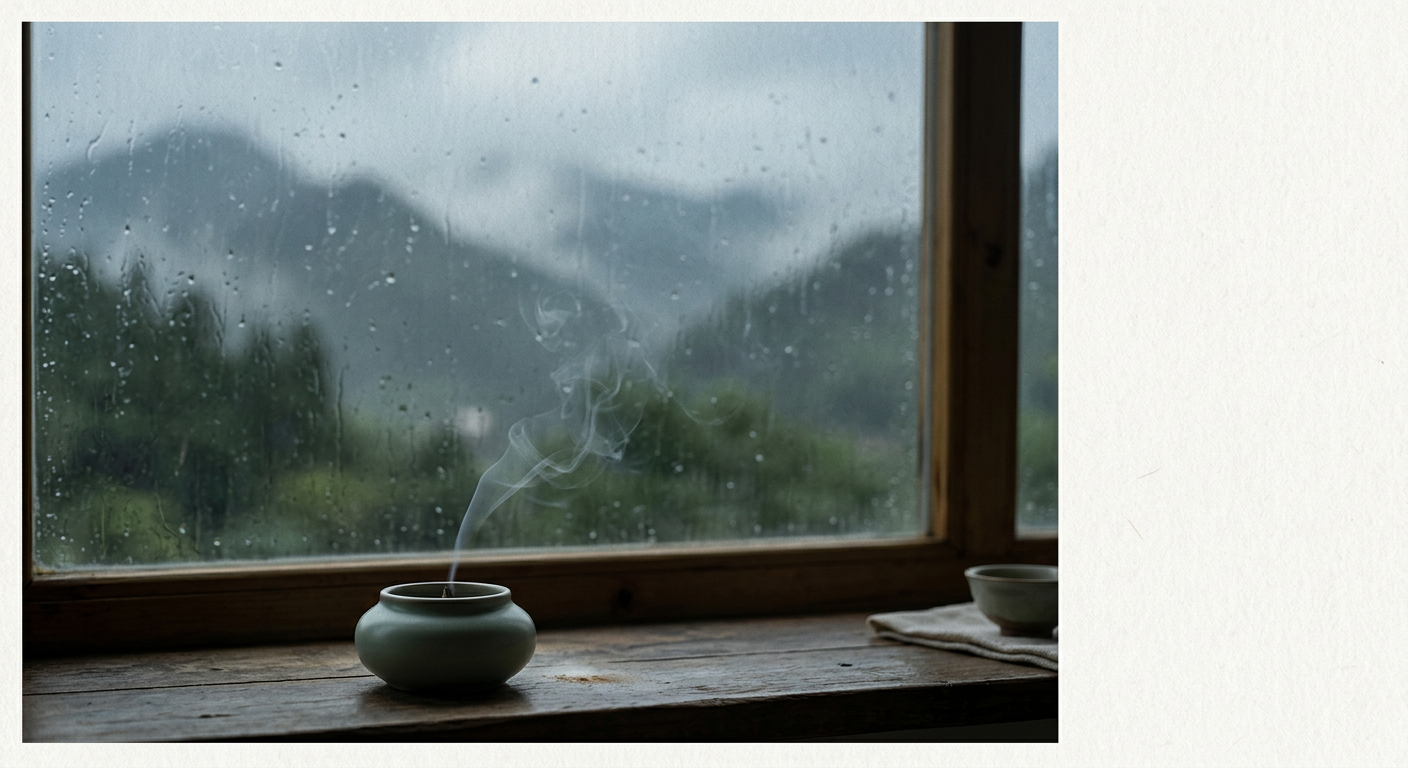 雨窗与山影背景前的小香炉和淡淡香烟
