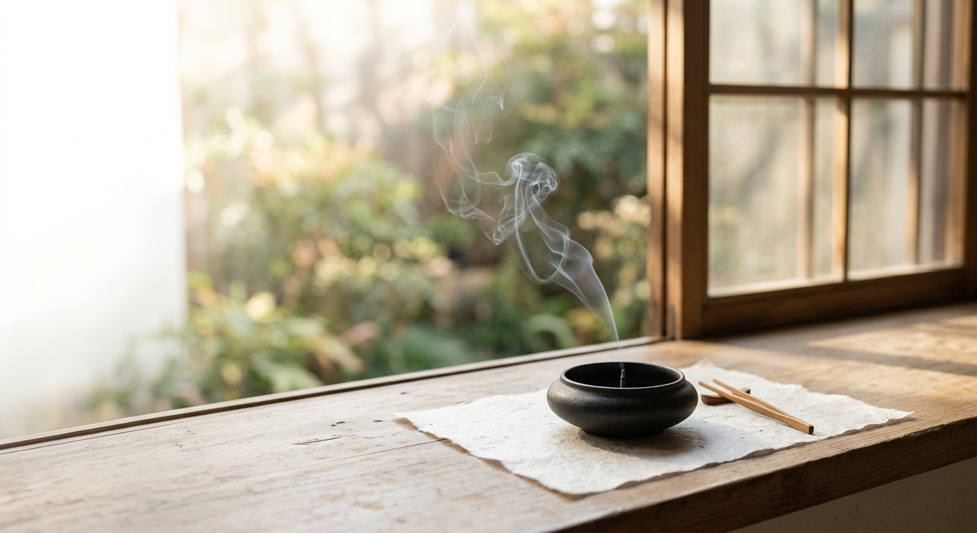 清晨窗边香案上的香炉、宣纸、器物与淡淡香烟